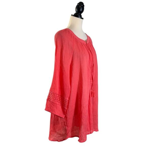 NWT Lane Bryant Coral Pink Blouse Gauzy Cotton Tie Neck 3/4 Sleeve, Size 18/20 - Picture 5 of 9